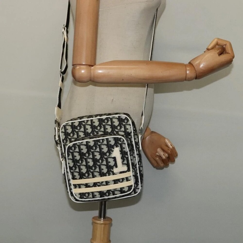 Christian Dior Trotter Canvas Shoulder Bag PVC Black Silver Auth BA5306